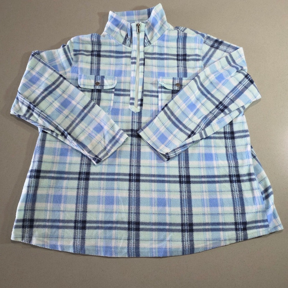 Northcrest Womens 3X Blue Plaid Fleece Quarter Zip Pullover Mock Neck Sweater